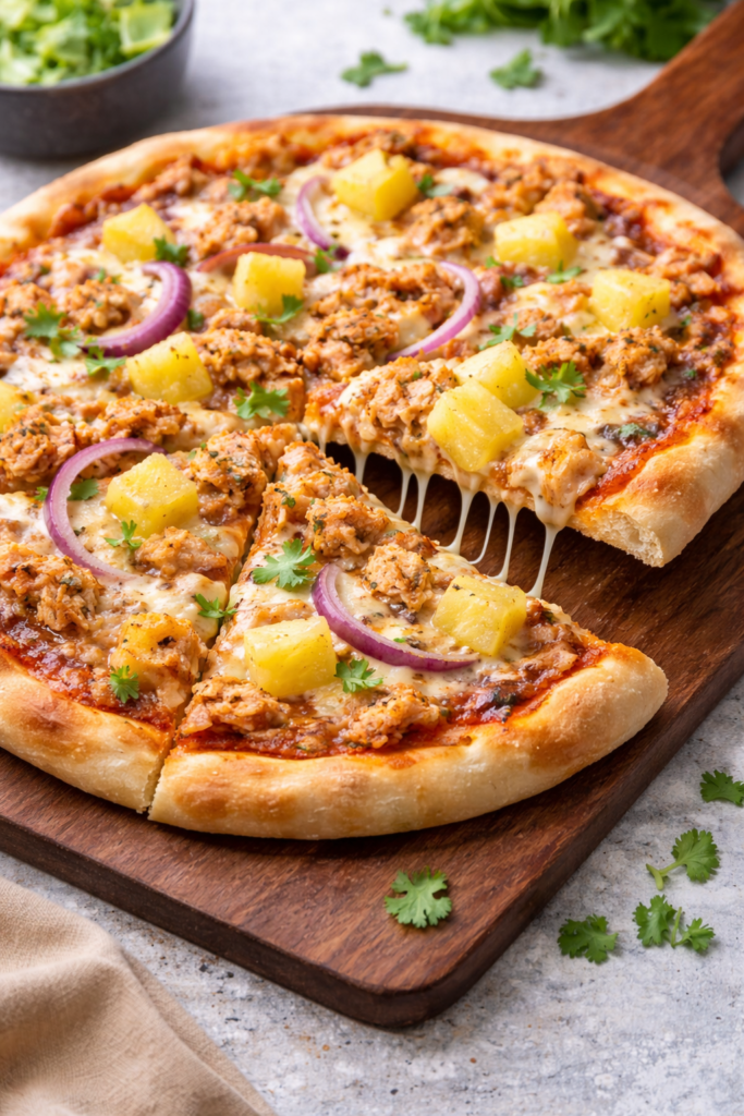 BBQ Chicken Pineapple Pizza with melted mozzarella, sweet pineapple, red onion, and barbecue sauce on a homemade crust